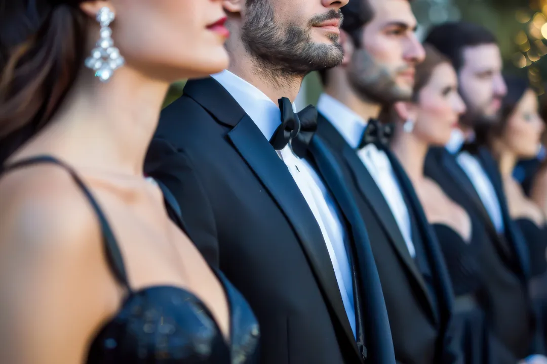 A lineup of men in matching tuxedos and women in matching dresses at an outdoor wedding