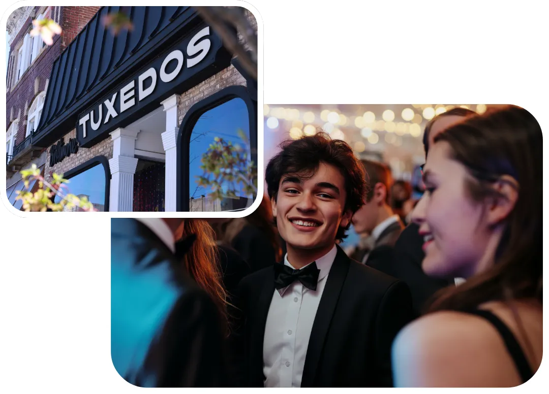 Collage of happy prom-goers and the storefront of Biltmore Tuxedos