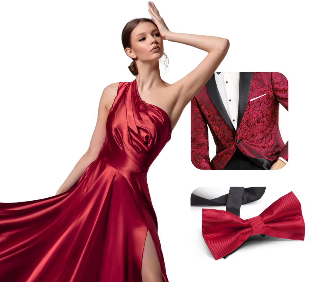 Woman in a red formal dress next to matching tuxedo and bow tie