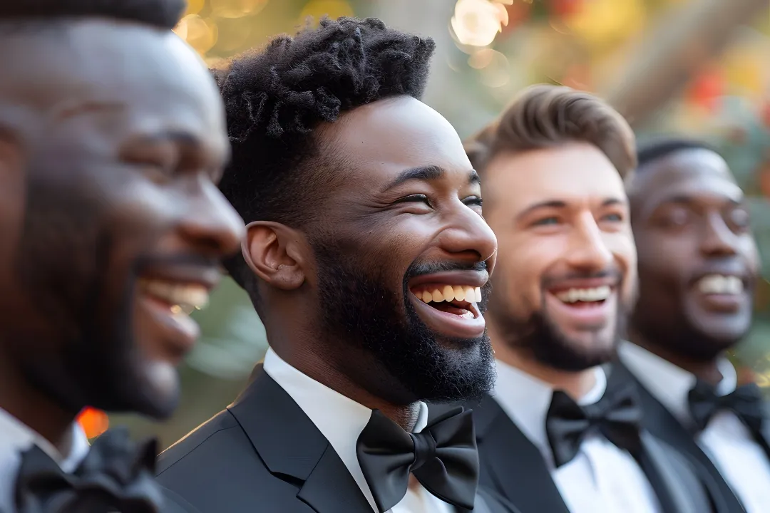 A lineup of smiling men in matching tuxedos at an outdoor wedding